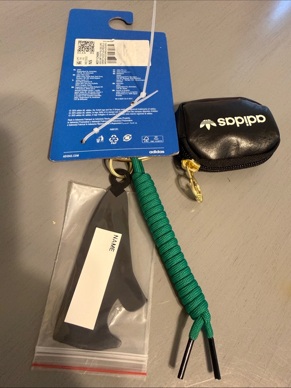 Adidas Black Mini Pouch Keychain with Gold Trefoil Charm and Green Lace - NEW - Picture 2 of 3